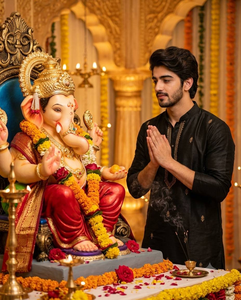 Young Man with Lord Ganesha | Ultra-Realistic Ganesh Chaturthi Cinematic Devotional Portrait
