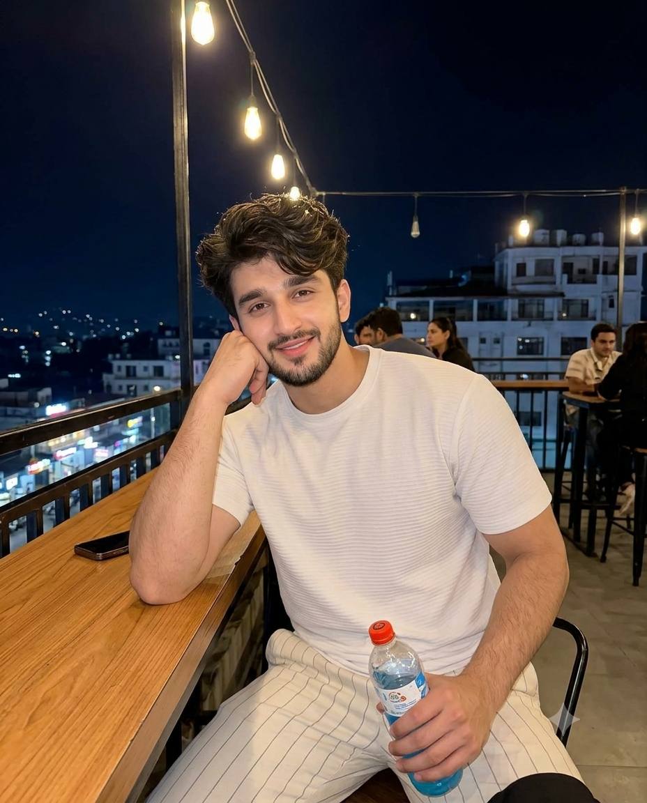 Young South Asian Man Rooftop Café Night Portrait | Ultra-Realistic iPhone 15 Pro AI Image Prompt
