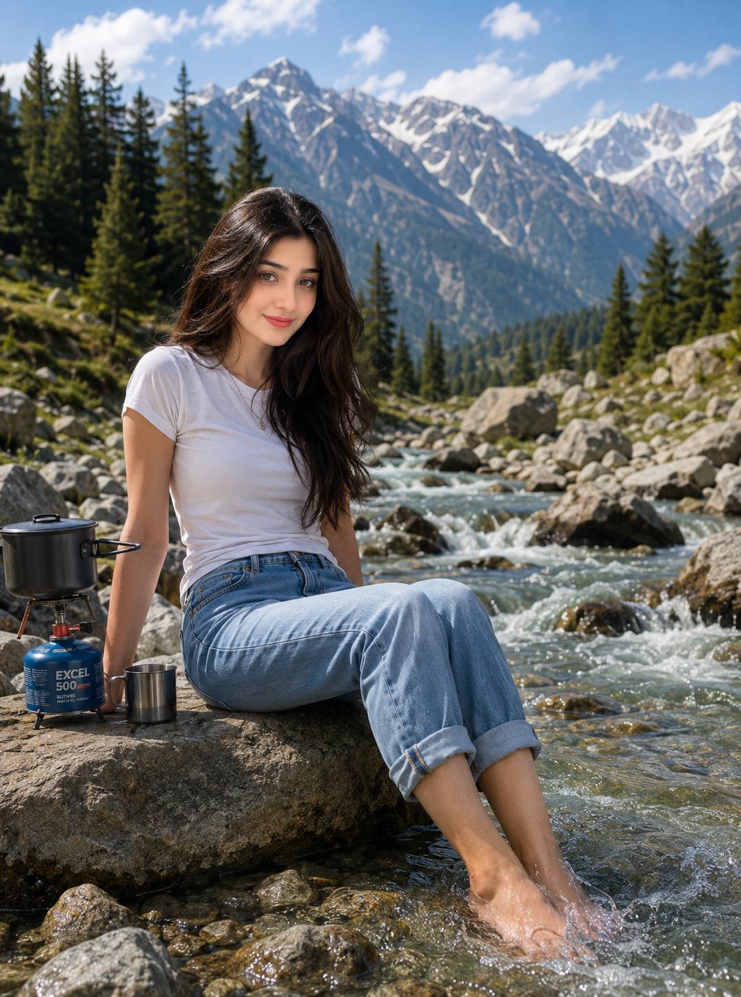 Young Woman by Kashmir Mountain River | Ultra-Realistic Camping Adventure AI Photo Prompt