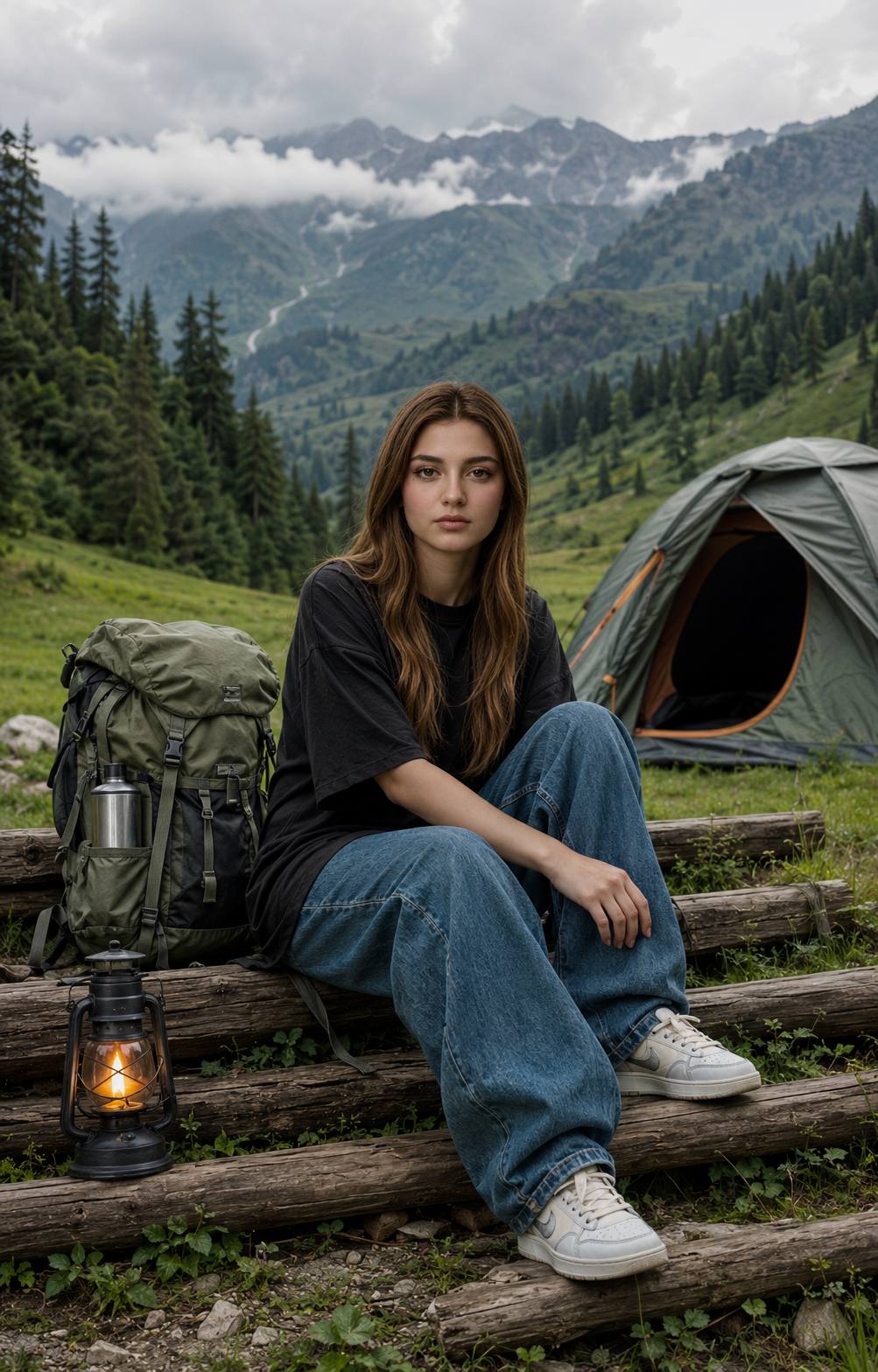 Young Woman Camping in Namblan Pulwama Meadow Ai Prompt | Ultra-Realistic Travel Photography