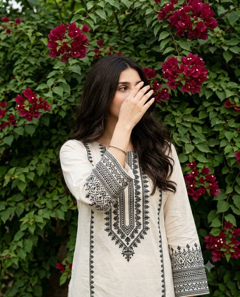 Young Woman in Embroidered Kurti with Bougainvillea Flowers | Ultra-Realistic Cinematic AI Image Prompt