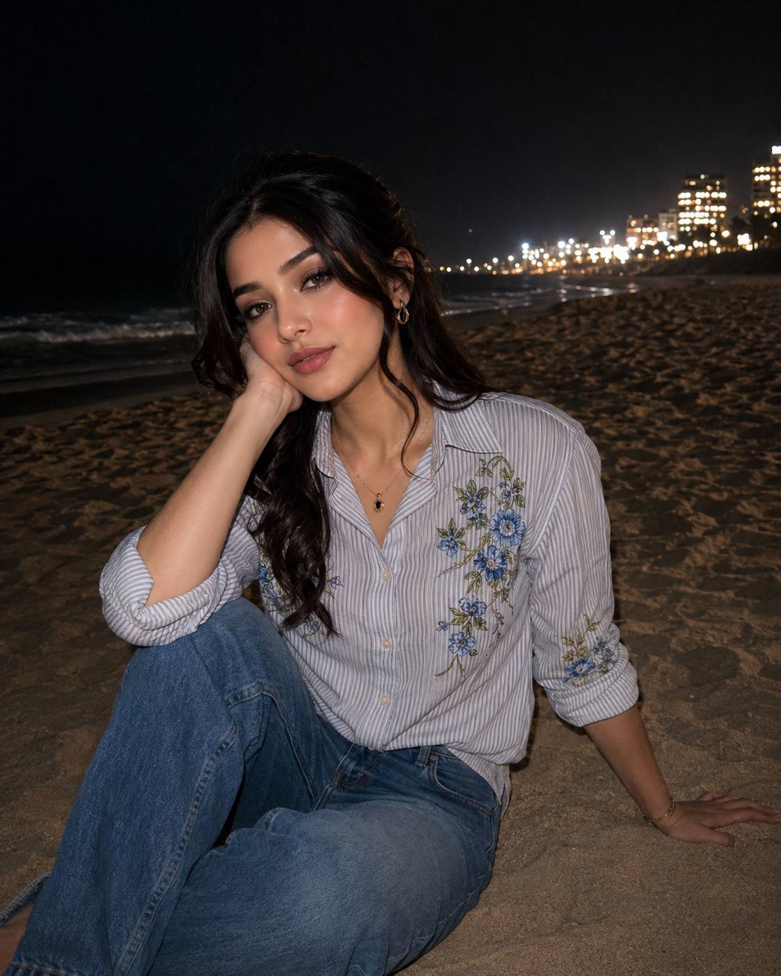Young Woman Sitting on Beach at Night in Striped Shirt – Cinematic AI Image Prompt