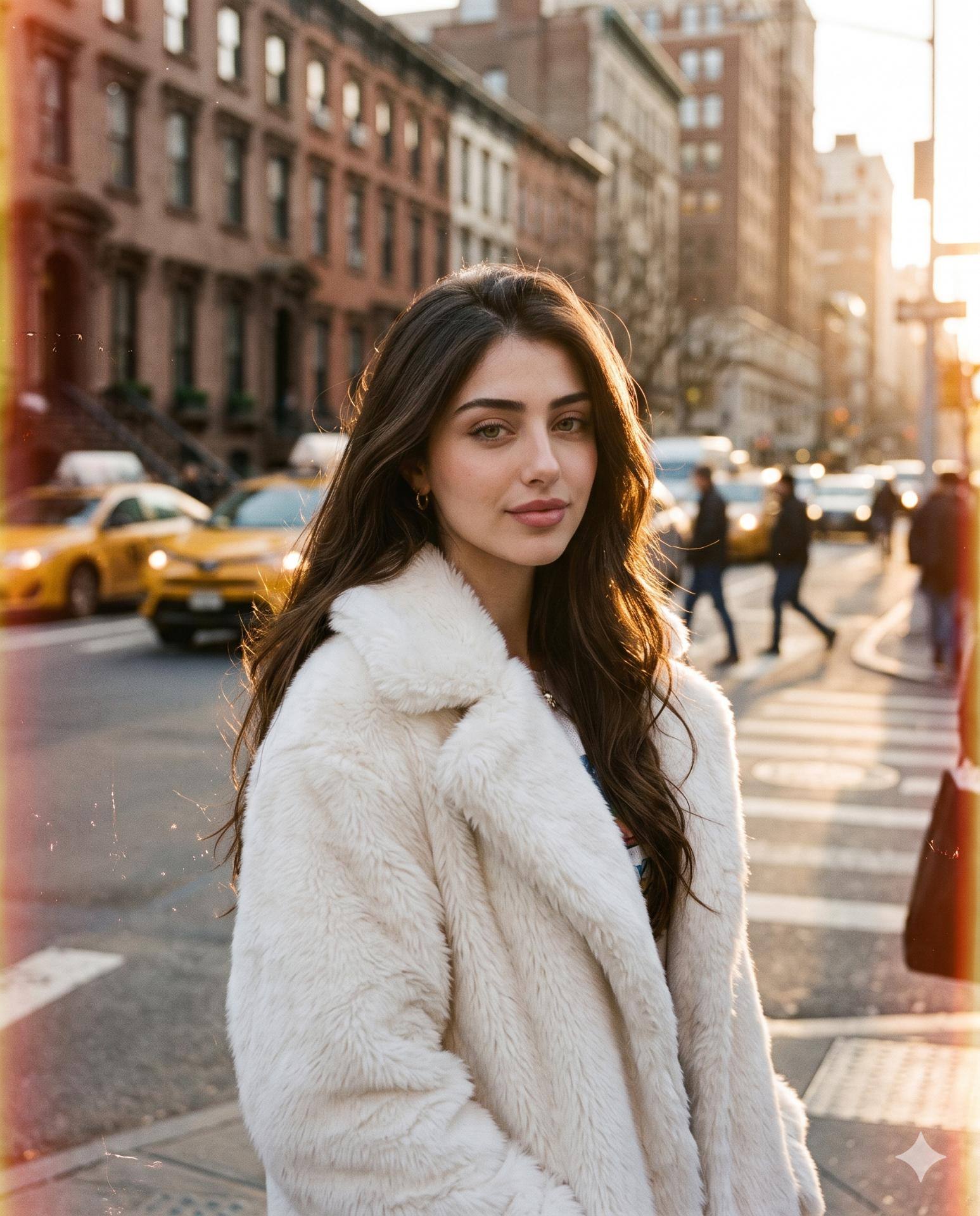 Zendaya AI Image Prompt Gemini | White Fur Coat, New York Street Style & Vintage Kodak 35mm Film Photography