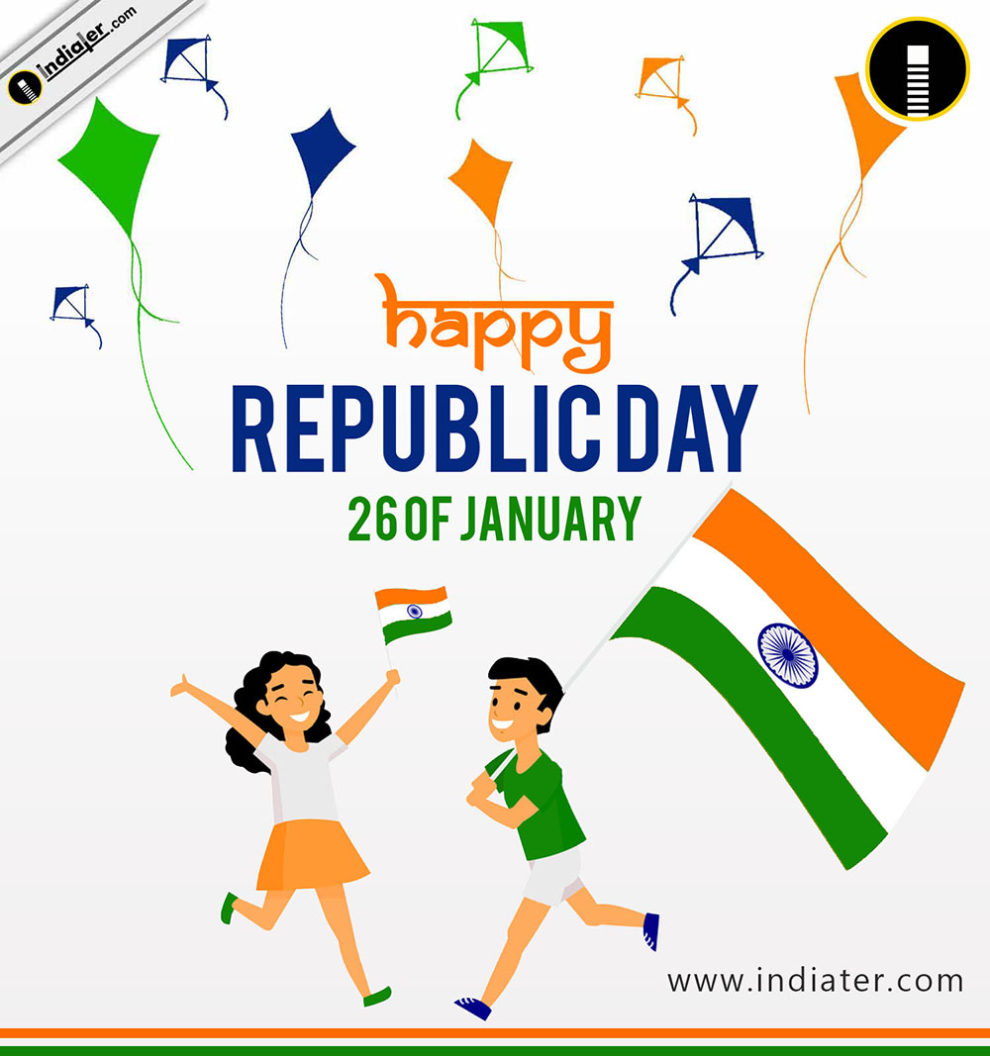 Stock PSD Happy Republic Day background with kids having a flag and kites -  Indiater