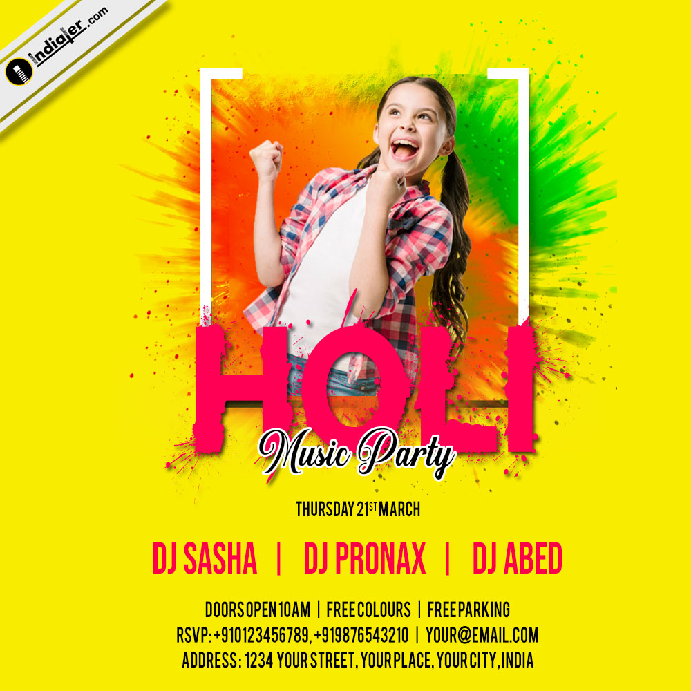 Free Holi Festival celebration invitation A4 Poster design