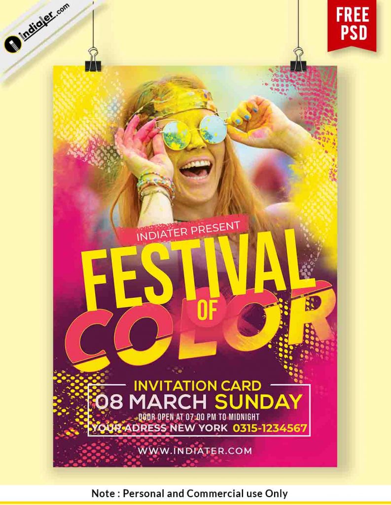 Festival of Colors Holi Celebration Flyer Free PSD Template - Indiater