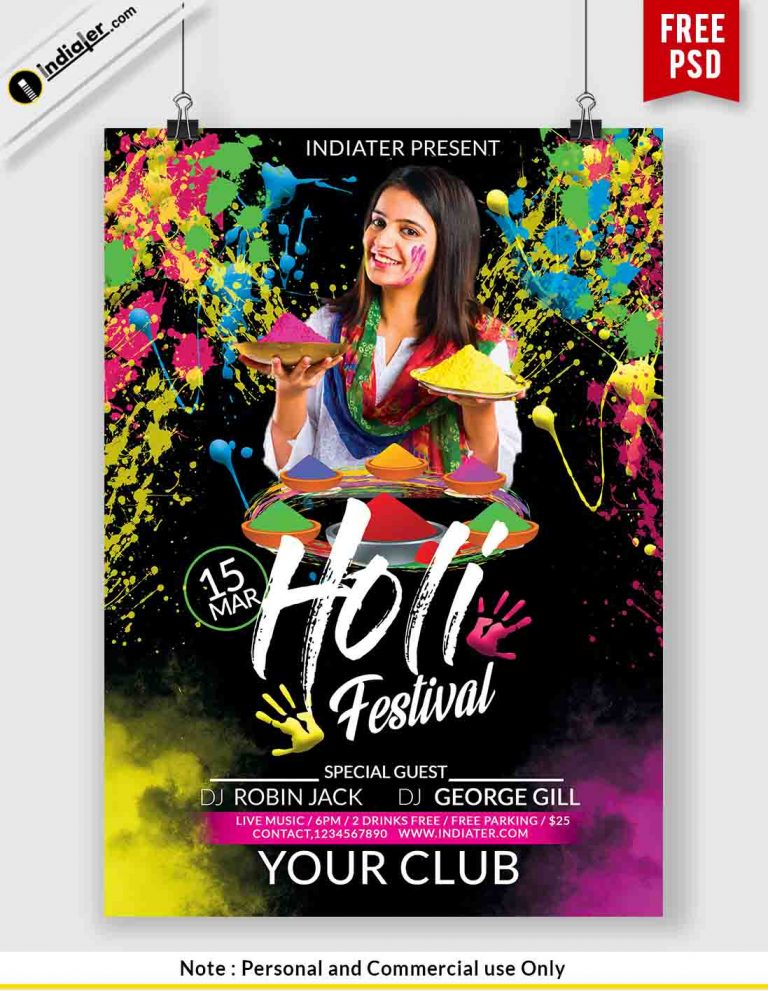 Holi Celebration Invitation Poster Design Free PSD Template - Indiater