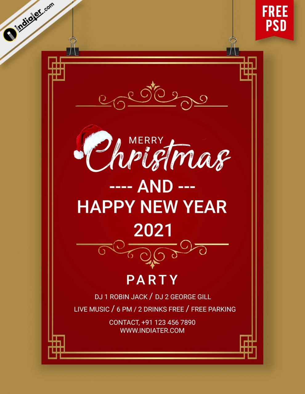 Free Poster for the Christmas and New Year Party. Invitation Card in Red  Background - Indiater