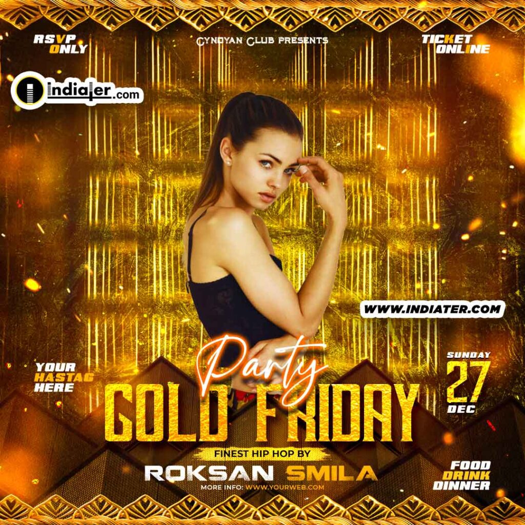 Free Gold Friday Party Printable Custom Invitation Card PSD Template -  Indiater